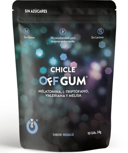 WUG GUM - OFF CHICLE VALERIANA, TRIPTÓFANO, MELISA Y MELATONINA 10 UNIDADES