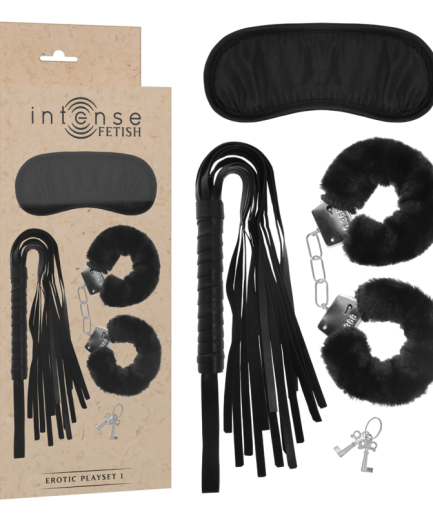 INTENSE - FETISH SET ERÓTICO 1 CON ESPOSAS, ANTIFAZ Y LTIGO DE CUERO VEGANO
