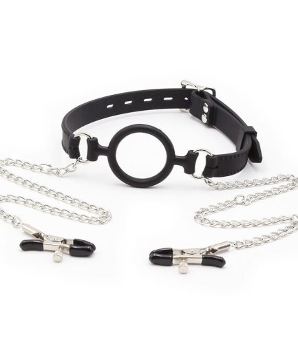 OHMAMA FETISH - MORDAZA DE ANILLA CON CADENAS Y PINZAS PEZONES